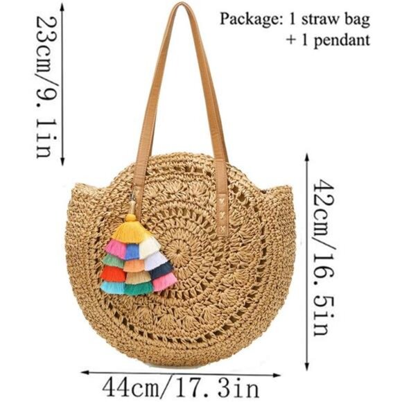 Khaki Straw Bag Round Summer Straw Large Woven Beach Bag Purse For Women - Picture 2 of 7
